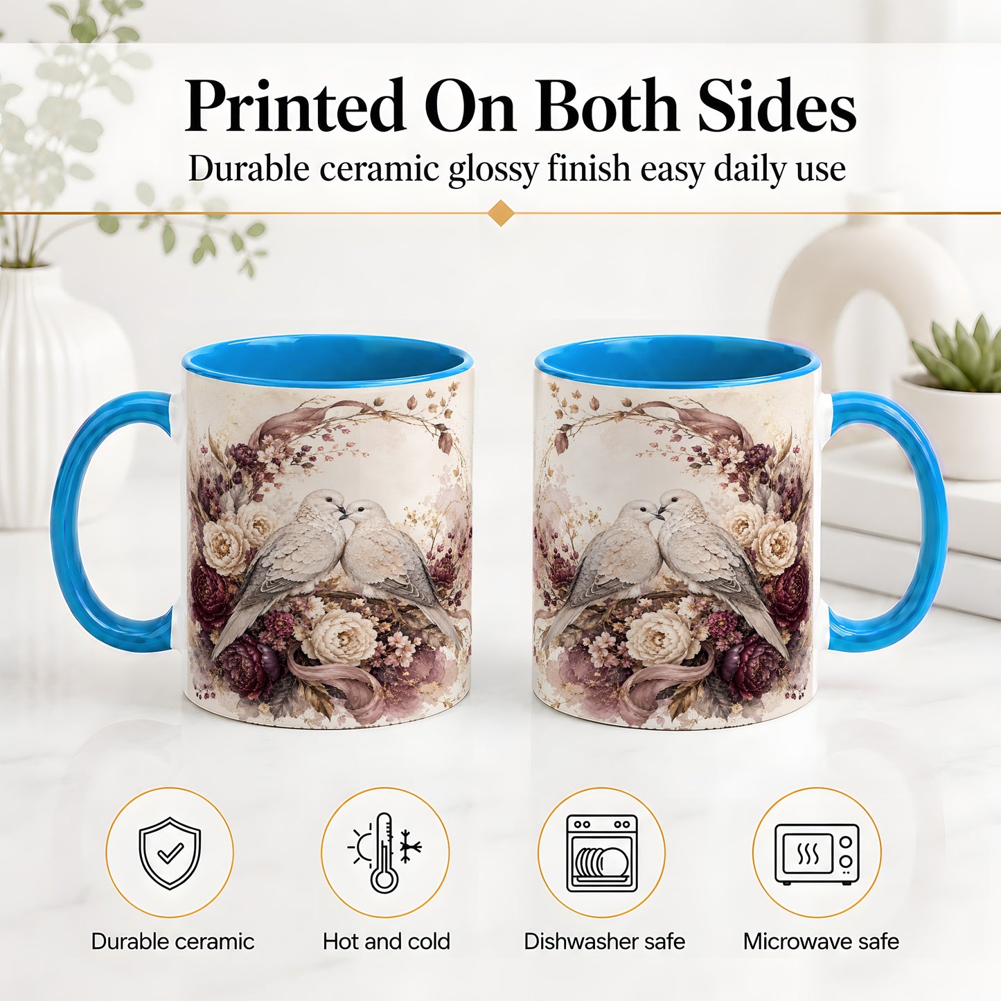 #pl[11oz|Blue] Romantic Doves Ceramic Coffee Cup, Mug with Floral Wreath Artwork
