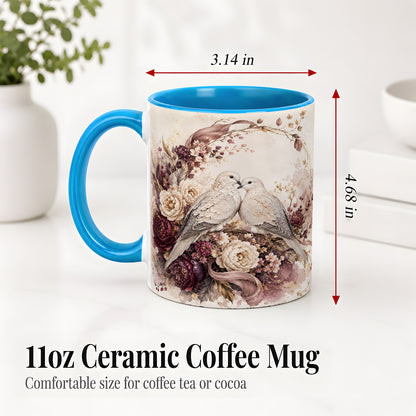 #pl[11oz|Blue] Romantic Doves Ceramic Coffee Cup, Mug with Floral Wreath Artwork