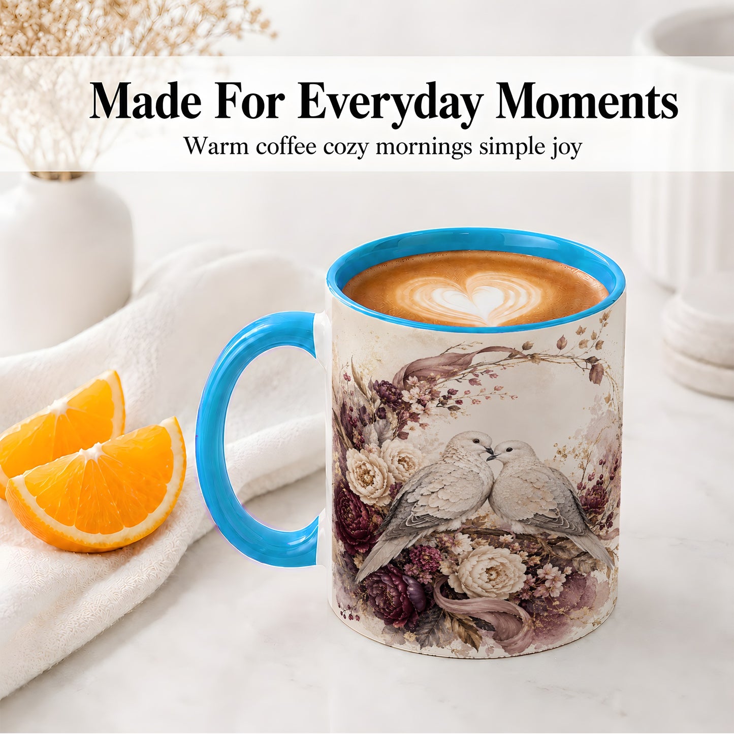 #pl[11oz|Blue] Romantic Doves Ceramic Coffee Cup, Mug with Floral Wreath Artwork