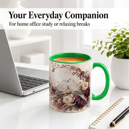 #pl[11oz|Green] Romantic Doves Ceramic Coffee Cup, Mug with Floral Wreath Artwork