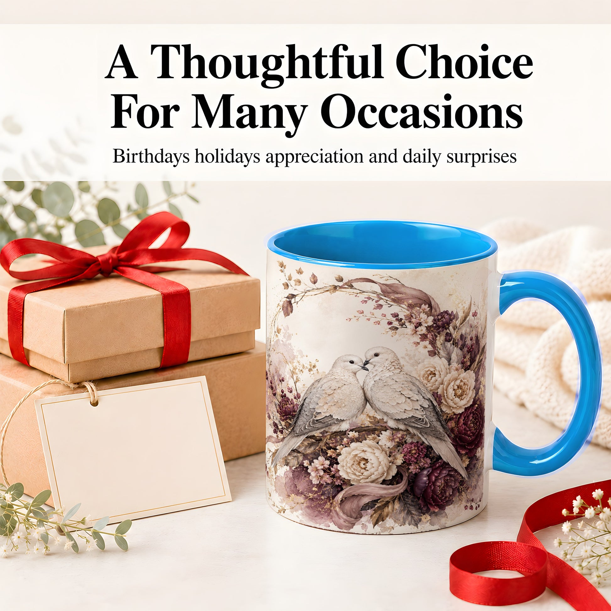 #pl[11oz|Blue] Romantic Doves Ceramic Coffee Cup, Mug with Floral Wreath Artwork