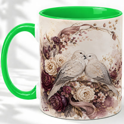 #pl[11oz|Green] Romantic Doves Ceramic Coffee Cup, Mug with Floral Wreath Artwork