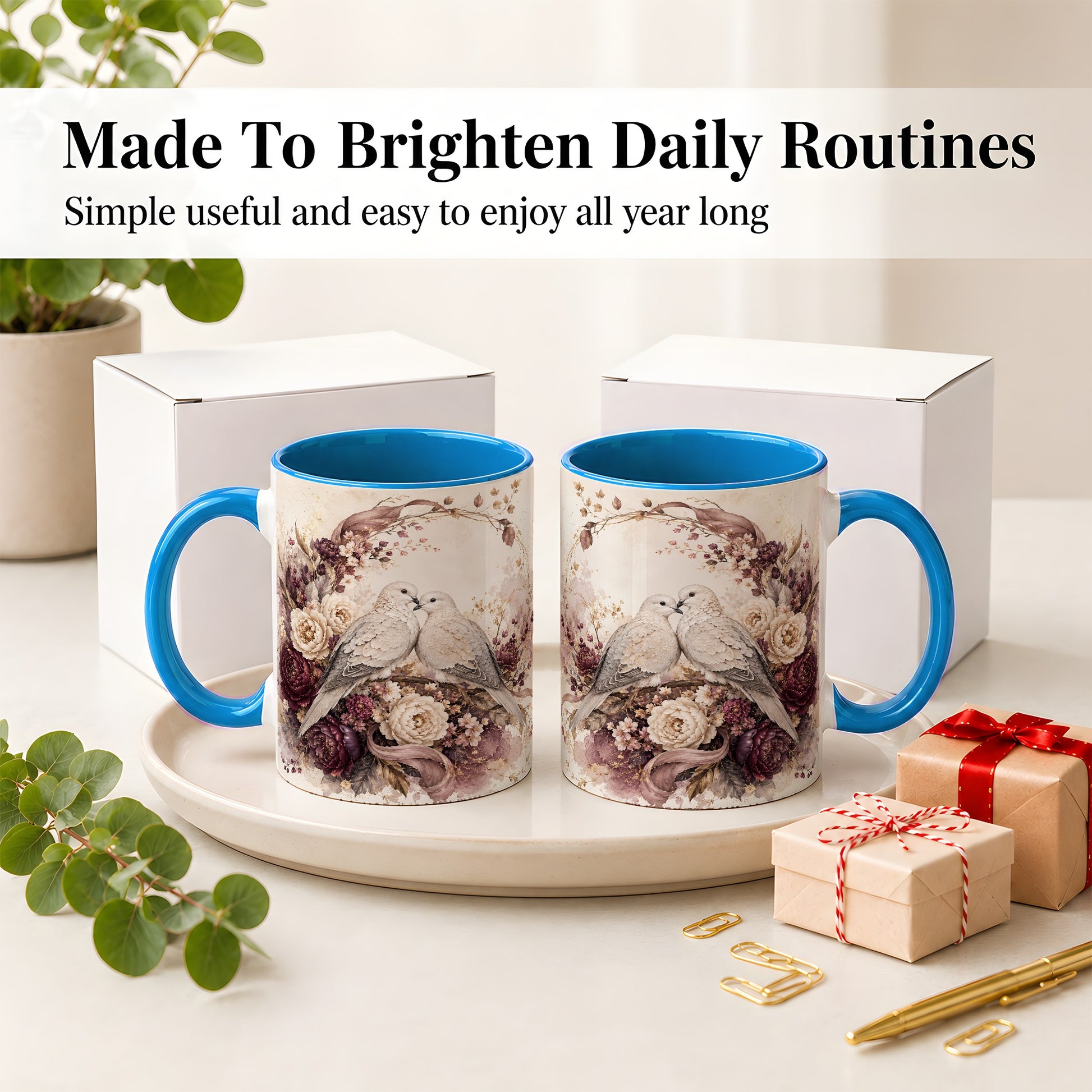 #pl[11oz|Blue] Romantic Doves Ceramic Coffee Cup, Mug with Floral Wreath Artwork