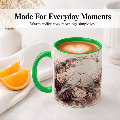 #pl[11oz|Green] Romantic Doves Ceramic Coffee Cup, Mug with Floral Wreath Artwork