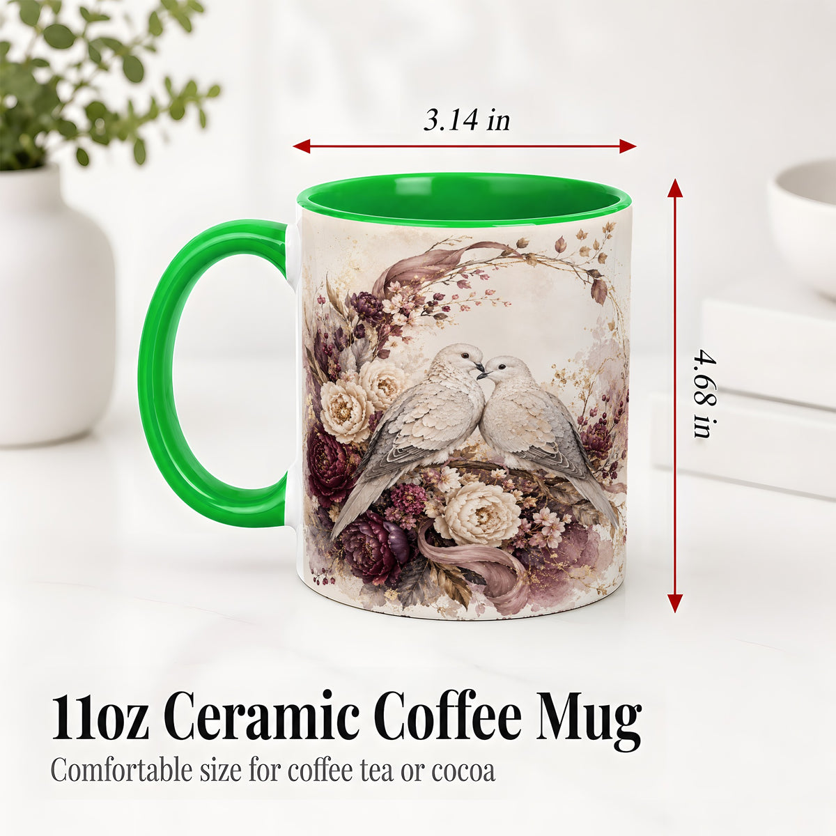 #pl[11oz|Green] Romantic Doves Ceramic Coffee Cup, Mug with Floral Wreath Artwork