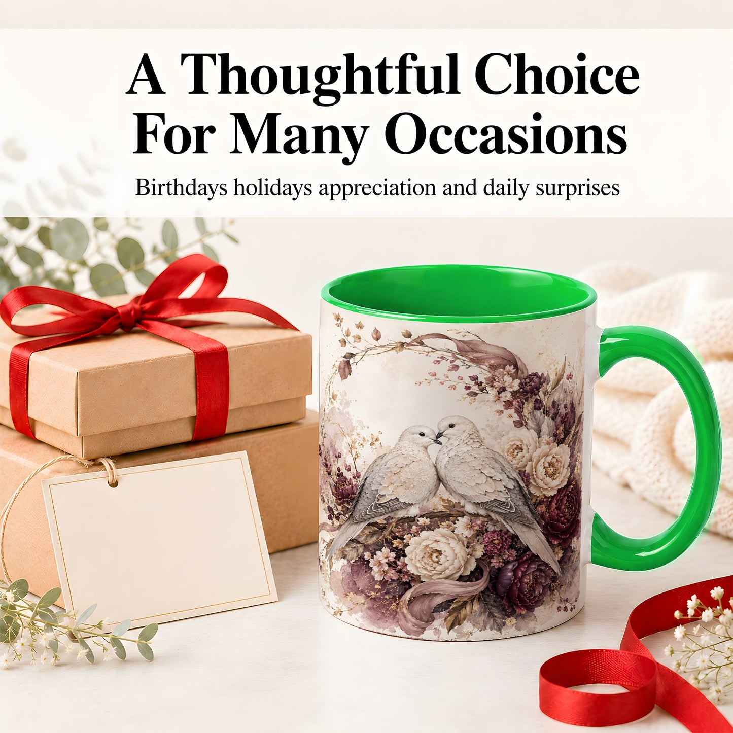 #pl[11oz|Green] Romantic Doves Ceramic Coffee Cup, Mug with Floral Wreath Artwork