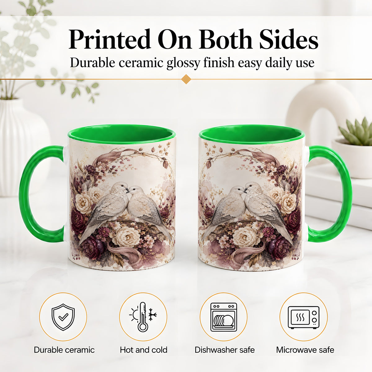 #pl[11oz|Green] Romantic Doves Ceramic Coffee Cup, Mug with Floral Wreath Artwork