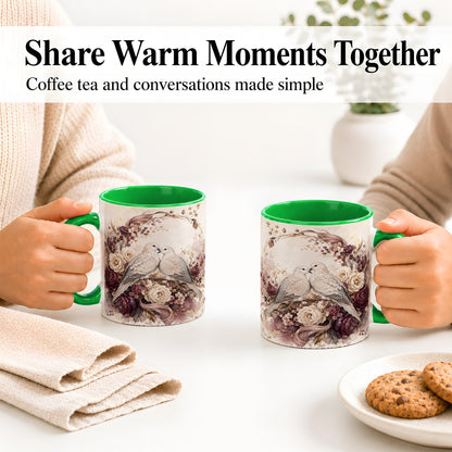 #pl[11oz|Green] Romantic Doves Ceramic Coffee Cup, Mug with Floral Wreath Artwork