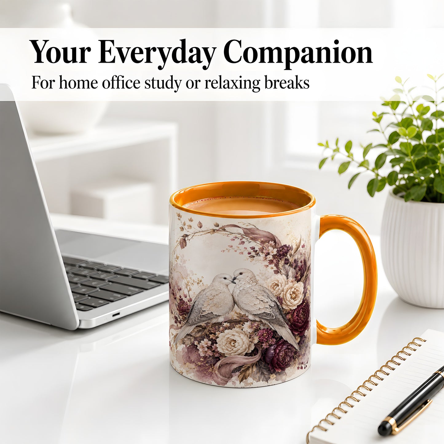 #pl[11oz|Orange] Romantic Doves Ceramic Coffee Cup, Mug with Floral Wreath Artwork