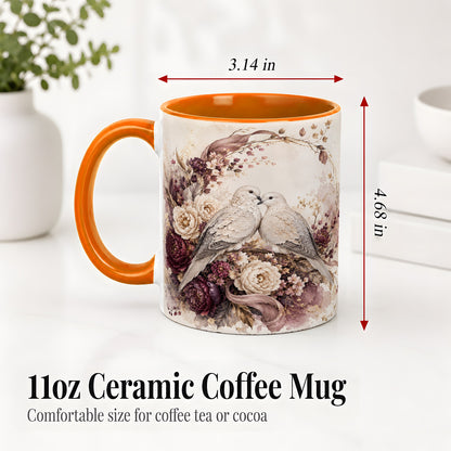 #pl[11oz|Orange] Romantic Doves Ceramic Coffee Cup, Mug with Floral Wreath Artwork