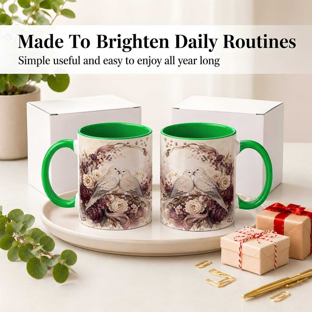 #pl[11oz|Green] Romantic Doves Ceramic Coffee Cup, Mug with Floral Wreath Artwork