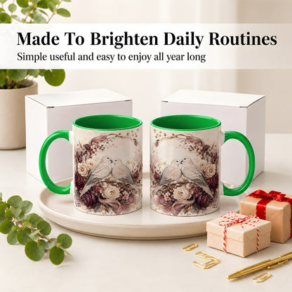 #pl[11oz|Green] Romantic Doves Ceramic Coffee Cup, Mug with Floral Wreath Artwork