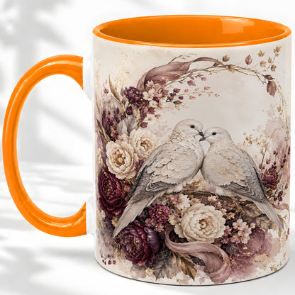 #pl[11oz|Orange] Romantic Doves Ceramic Coffee Cup, Mug with Floral Wreath Artwork
