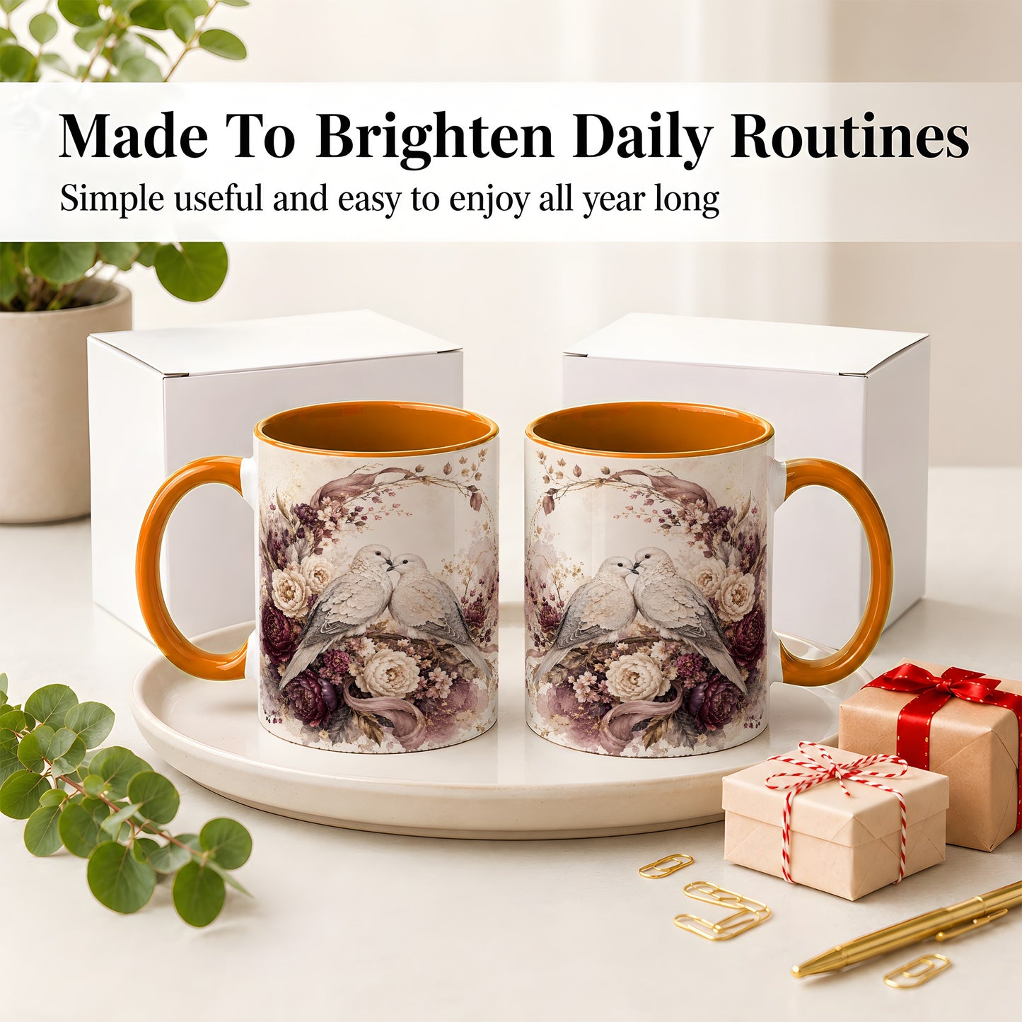 #pl[11oz|Orange] Romantic Doves Ceramic Coffee Cup, Mug with Floral Wreath Artwork