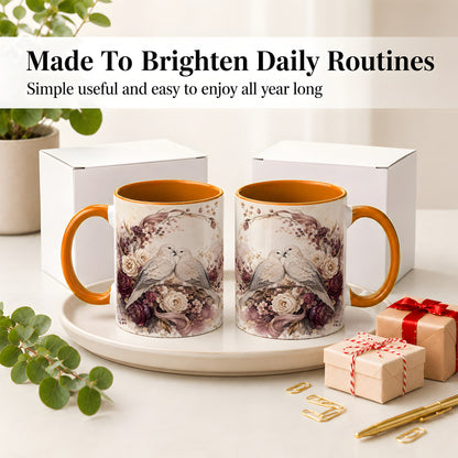 #pl[11oz|Orange] Romantic Doves Ceramic Coffee Cup, Mug with Floral Wreath Artwork