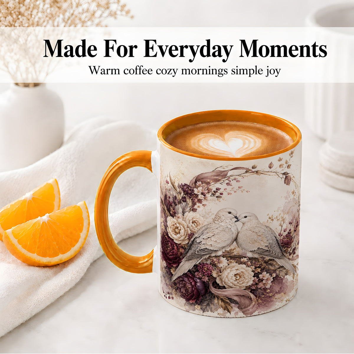 #pl[11oz|Orange] Romantic Doves Ceramic Coffee Cup, Mug with Floral Wreath Artwork