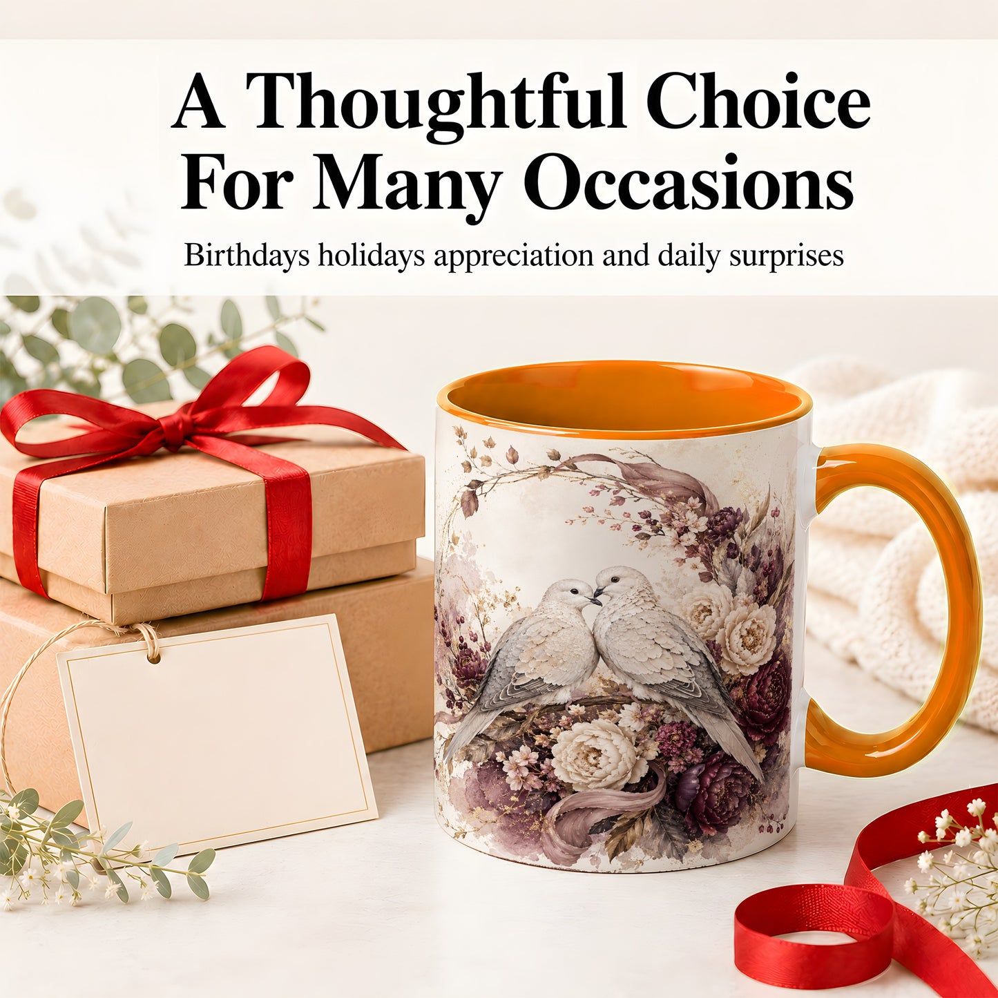 #pl[11oz|Orange] Romantic Doves Ceramic Coffee Cup, Mug with Floral Wreath Artwork