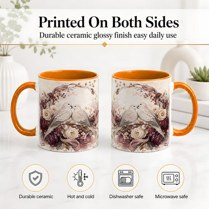 #pl[11oz|Orange] Romantic Doves Ceramic Coffee Cup, Mug with Floral Wreath Artwork