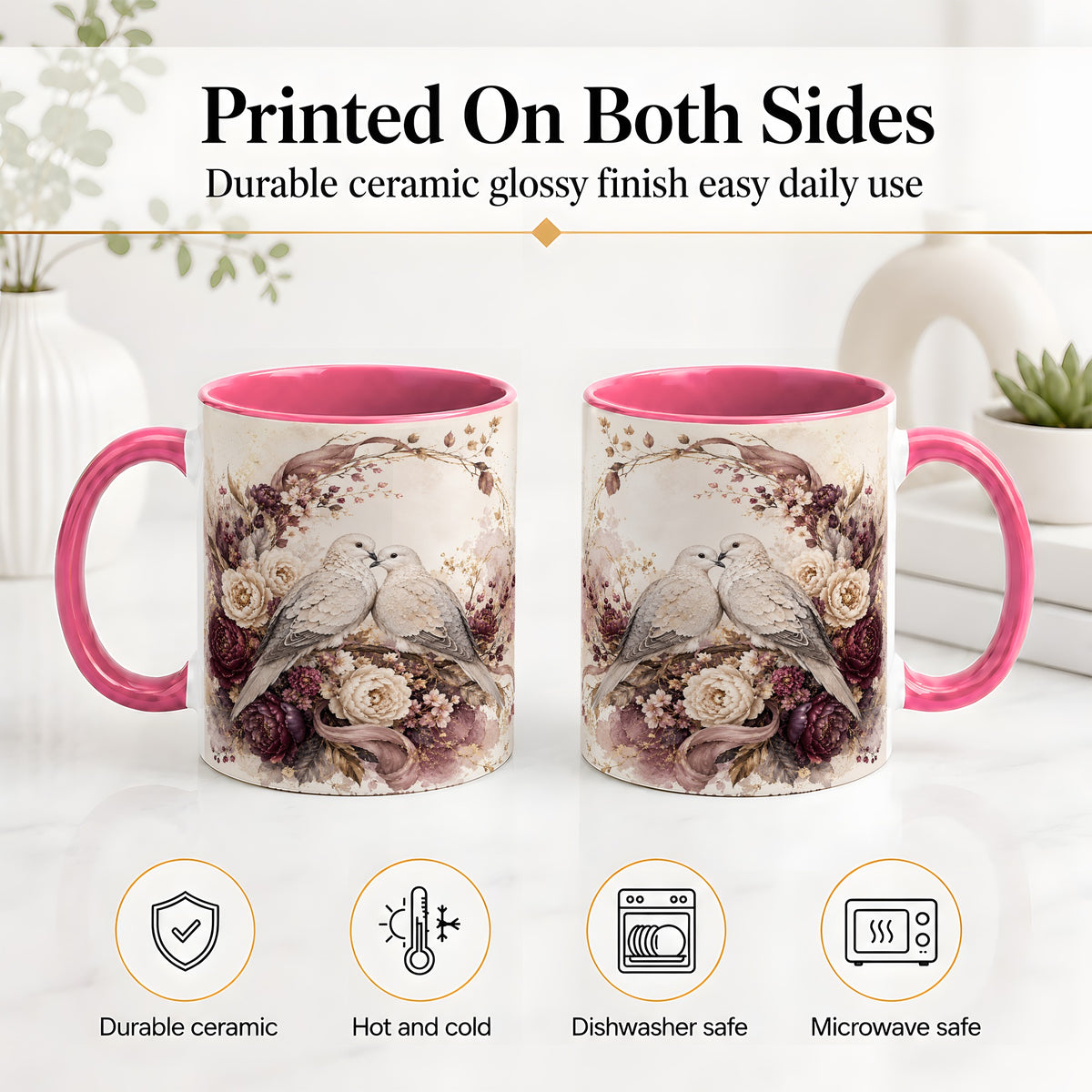 #pl[11oz|Pink] Romantic Doves Ceramic Coffee Cup, Mug with Floral Wreath Artwork