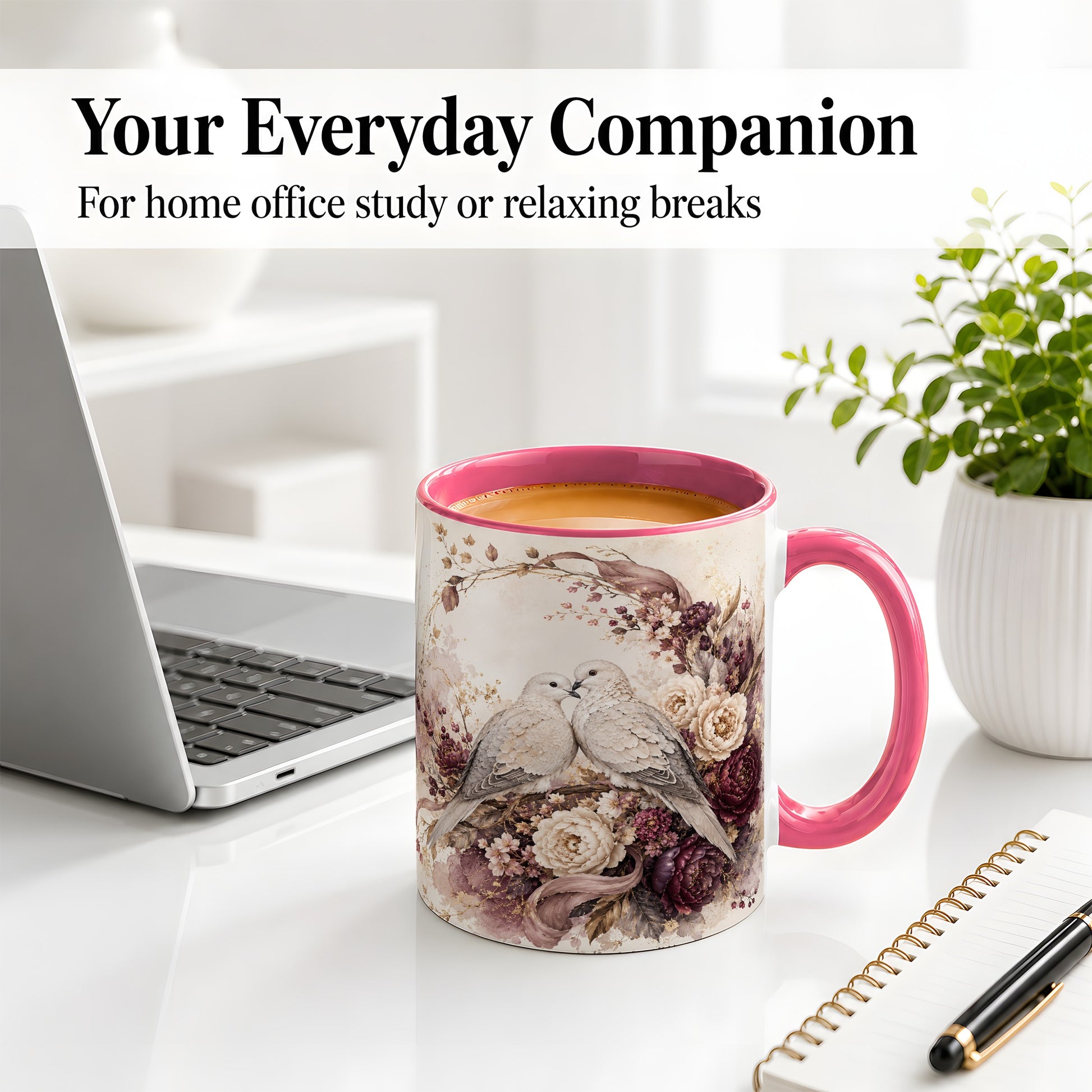 #pl[11oz|Pink] Romantic Doves Ceramic Coffee Cup, Mug with Floral Wreath Artwork