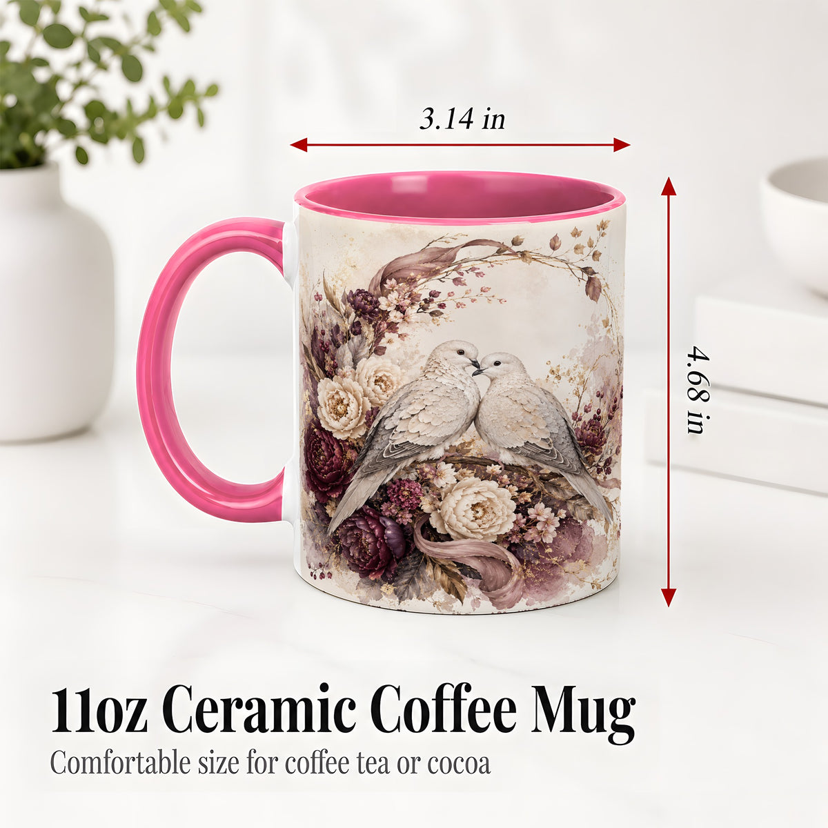 #pl[11oz|Pink] Romantic Doves Ceramic Coffee Cup, Mug with Floral Wreath Artwork