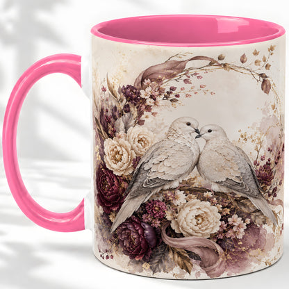 #pl[11oz|Pink] Romantic Doves Ceramic Coffee Cup, Mug with Floral Wreath Artwork