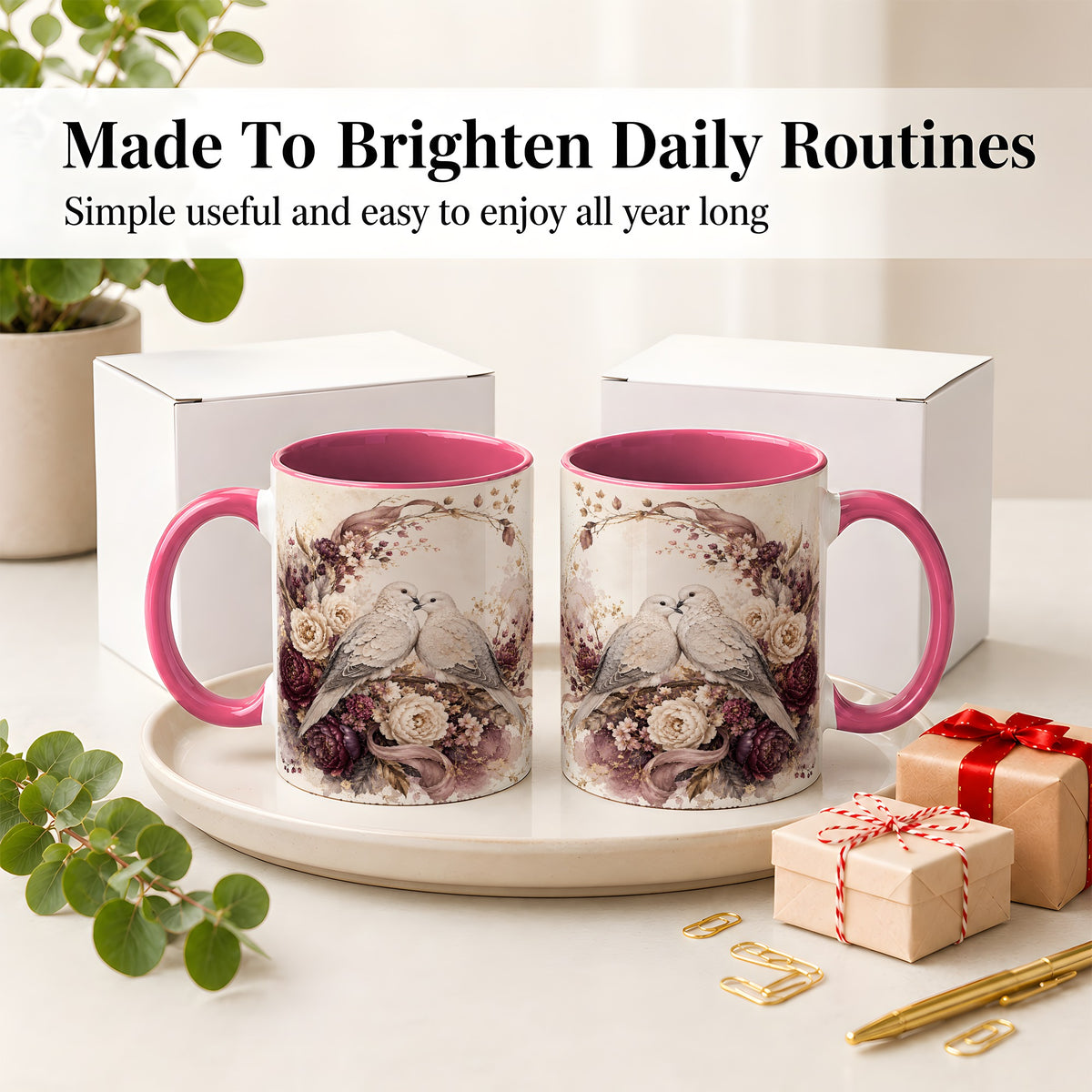 #pl[11oz|Pink] Romantic Doves Ceramic Coffee Cup, Mug with Floral Wreath Artwork
