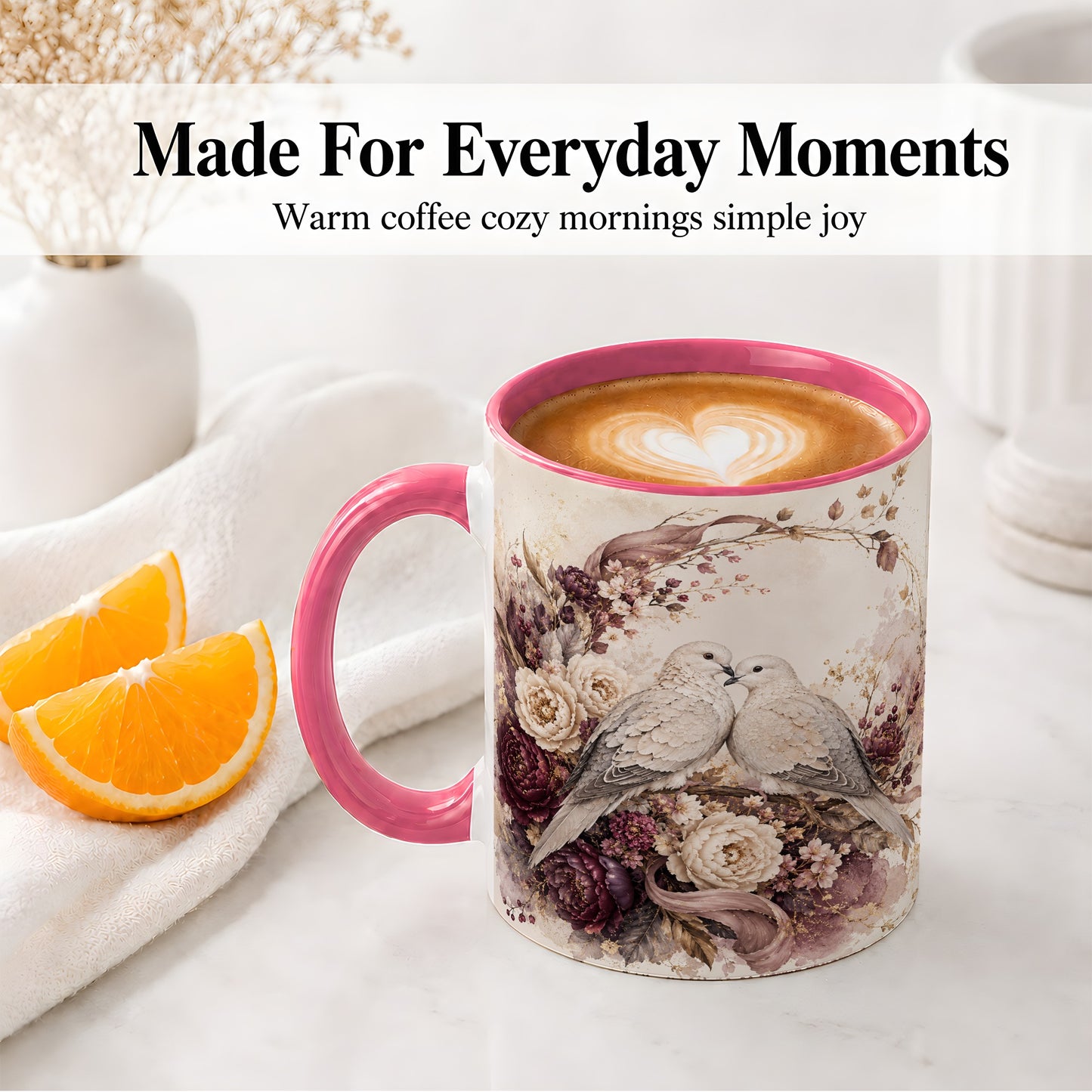 #pl[11oz|Pink] Romantic Doves Ceramic Coffee Cup, Mug with Floral Wreath Artwork