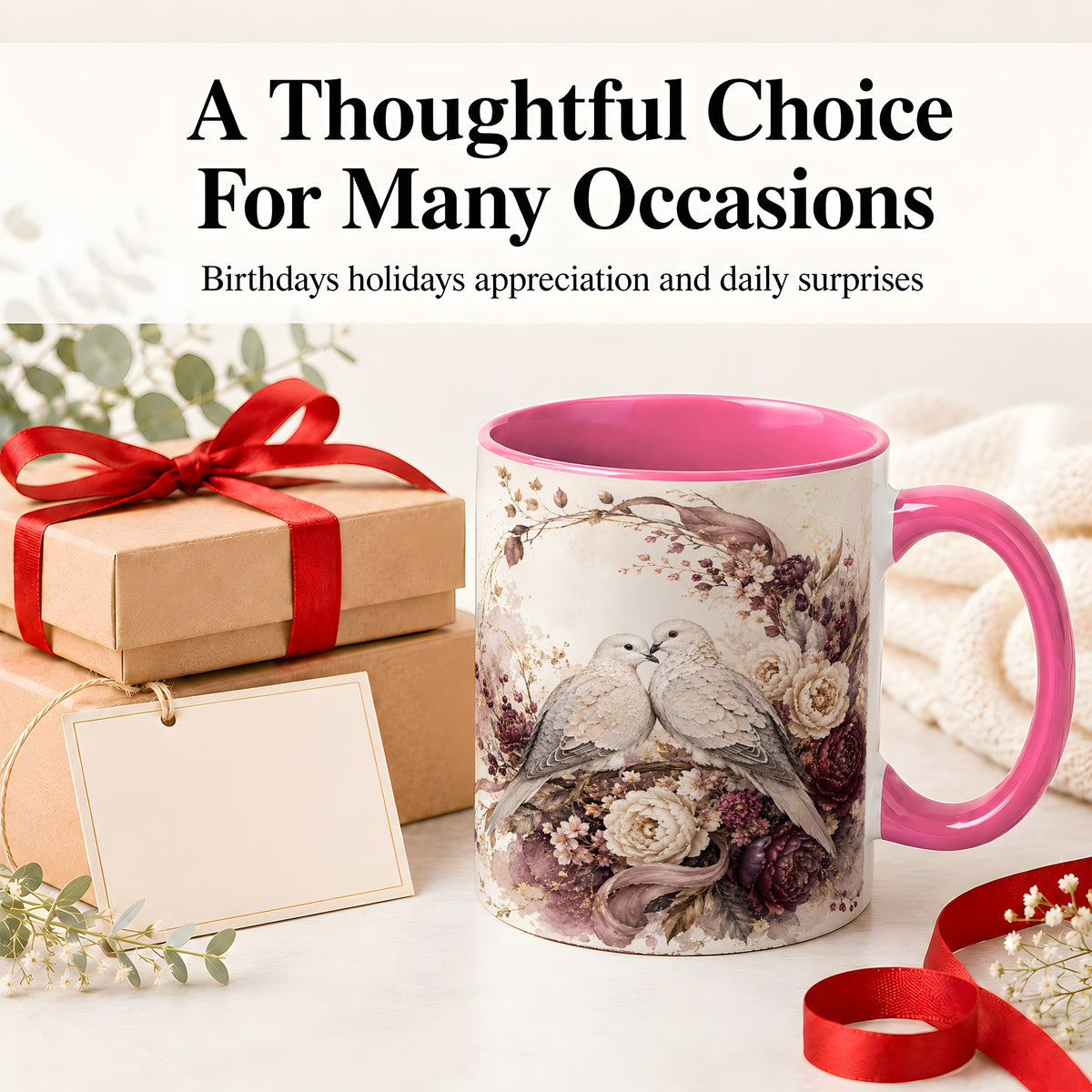 #pl[11oz|Pink] Romantic Doves Ceramic Coffee Cup, Mug with Floral Wreath Artwork