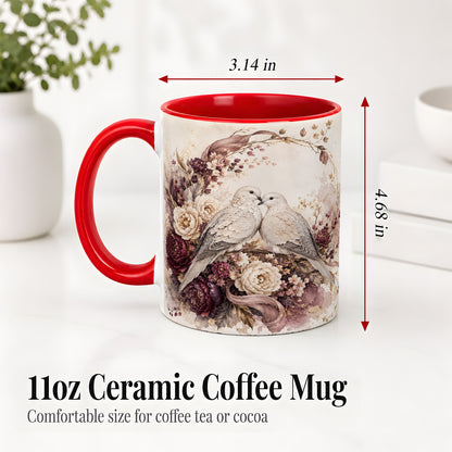 #pl[11oz|Red] Romantic Doves Ceramic Coffee Cup, Mug with Floral Wreath Artwork