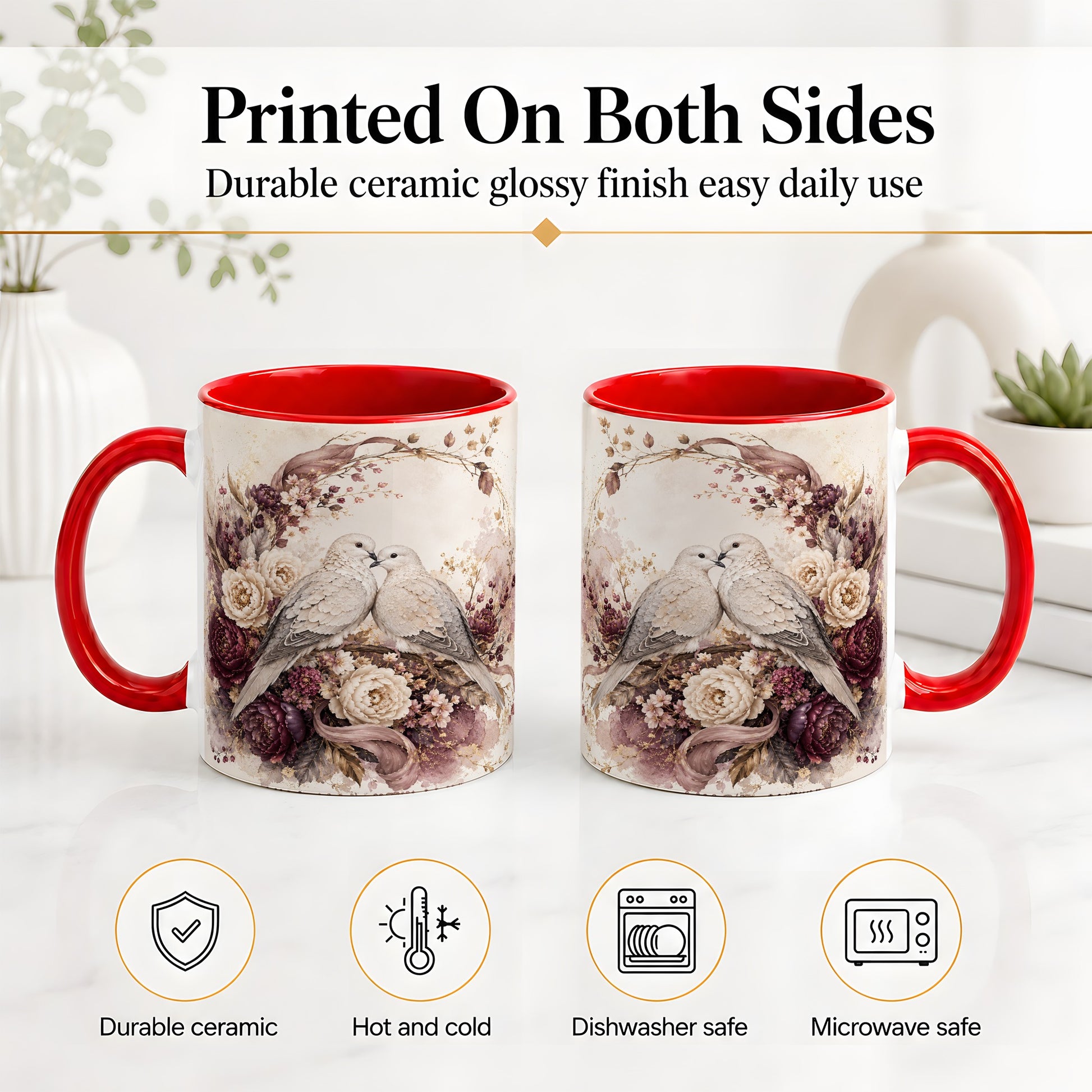 #pl[11oz|Red] Romantic Doves Ceramic Coffee Cup, Mug with Floral Wreath Artwork