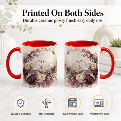 #pl[11oz|Red] Romantic Doves Ceramic Coffee Cup, Mug with Floral Wreath Artwork