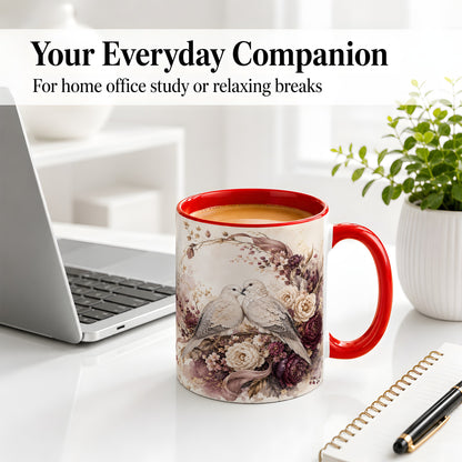 #pl[11oz|Red] Romantic Doves Ceramic Coffee Cup, Mug with Floral Wreath Artwork