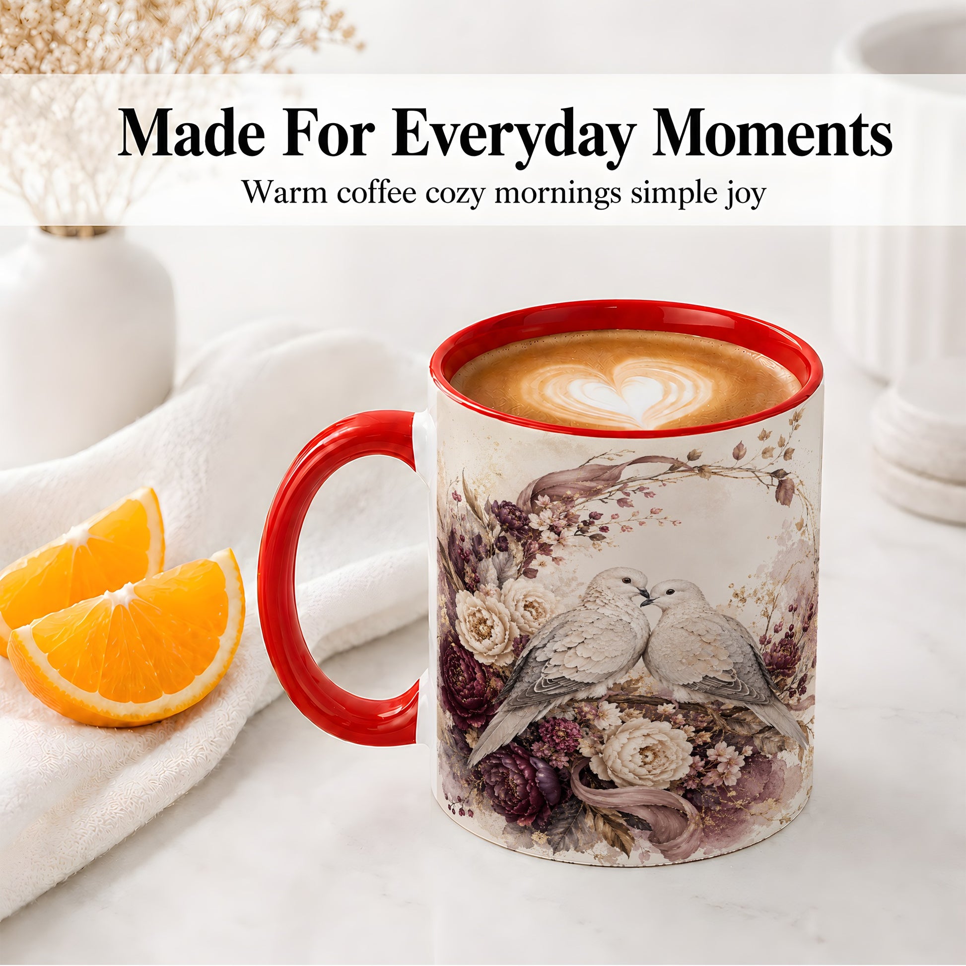 #pl[11oz|Red] Romantic Doves Ceramic Coffee Cup, Mug with Floral Wreath Artwork
