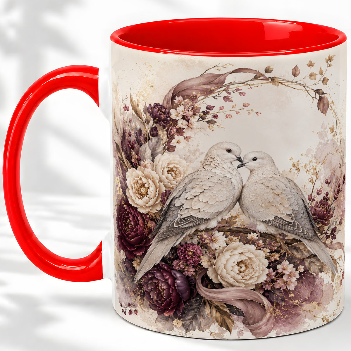 Romantic Doves Ceramic Coffee Cup, Mug with Floral Wreath Artwork