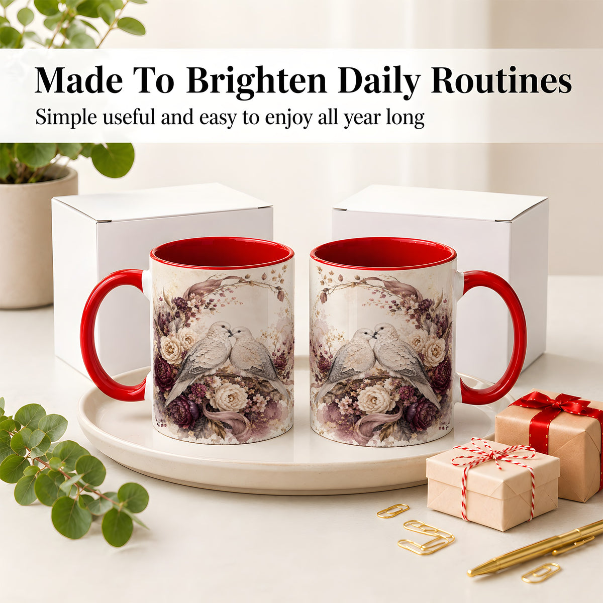 #pl[11oz|Red] Romantic Doves Ceramic Coffee Cup, Mug with Floral Wreath Artwork