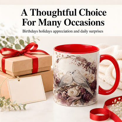 #pl[11oz|Red] Romantic Doves Ceramic Coffee Cup, Mug with Floral Wreath Artwork