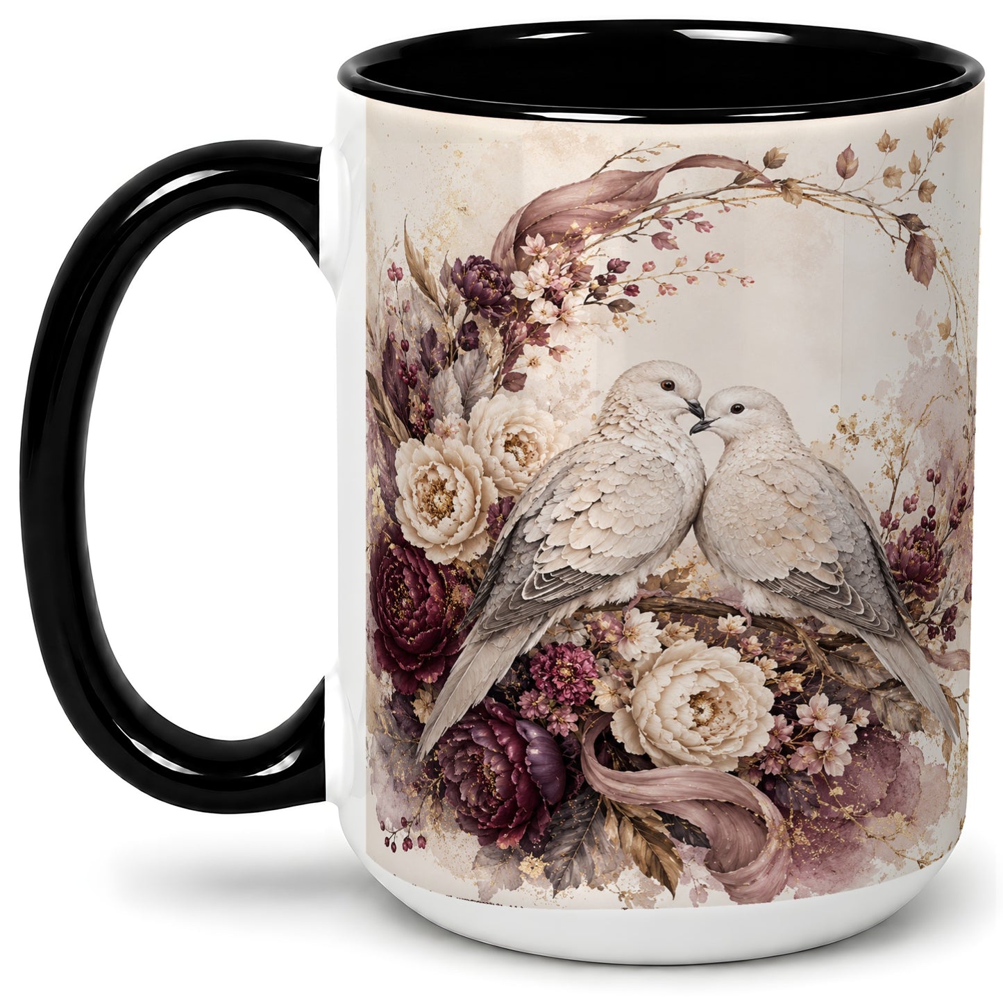 #pl[15oz|Black] Romantic Doves Ceramic Coffee Cup, Mug with Floral Wreath Artwork