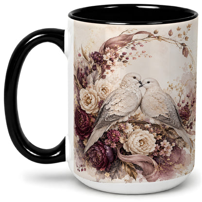 #pl[15oz|Black] Romantic Doves Ceramic Coffee Cup, Mug with Floral Wreath Artwork