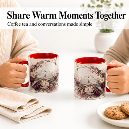 #pl[11oz|Red] Romantic Doves Ceramic Coffee Cup, Mug with Floral Wreath Artwork