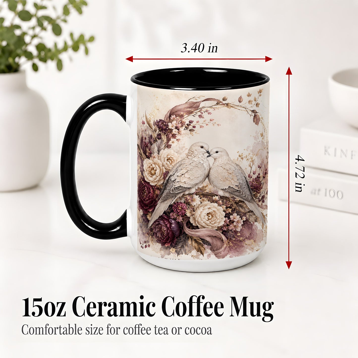 #pl[15oz|Black] Romantic Doves Ceramic Coffee Cup, Mug with Floral Wreath Artwork