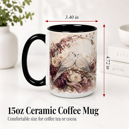 #pl[15oz|Black] Romantic Doves Ceramic Coffee Cup, Mug with Floral Wreath Artwork