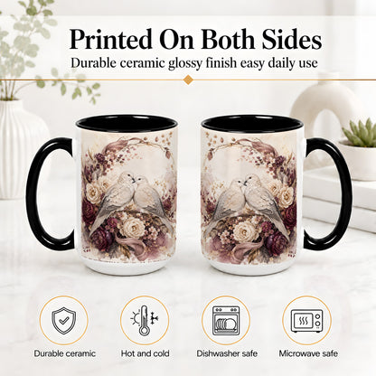 #pl[15oz|Black] Romantic Doves Ceramic Coffee Cup, Mug with Floral Wreath Artwork