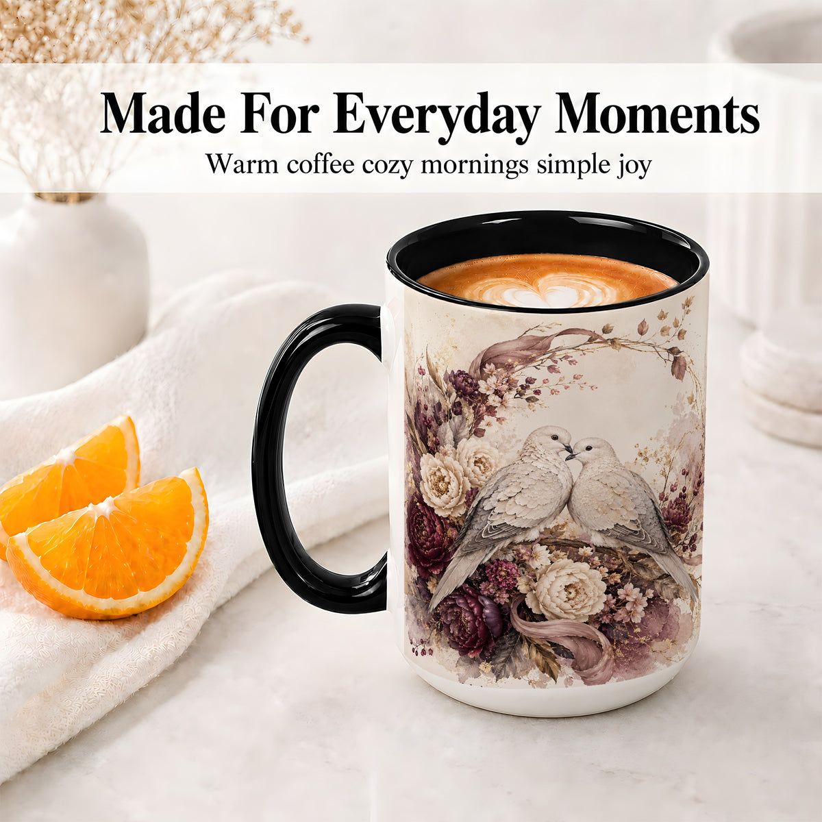 #pl[15oz|Black] Romantic Doves Ceramic Coffee Cup, Mug with Floral Wreath Artwork
