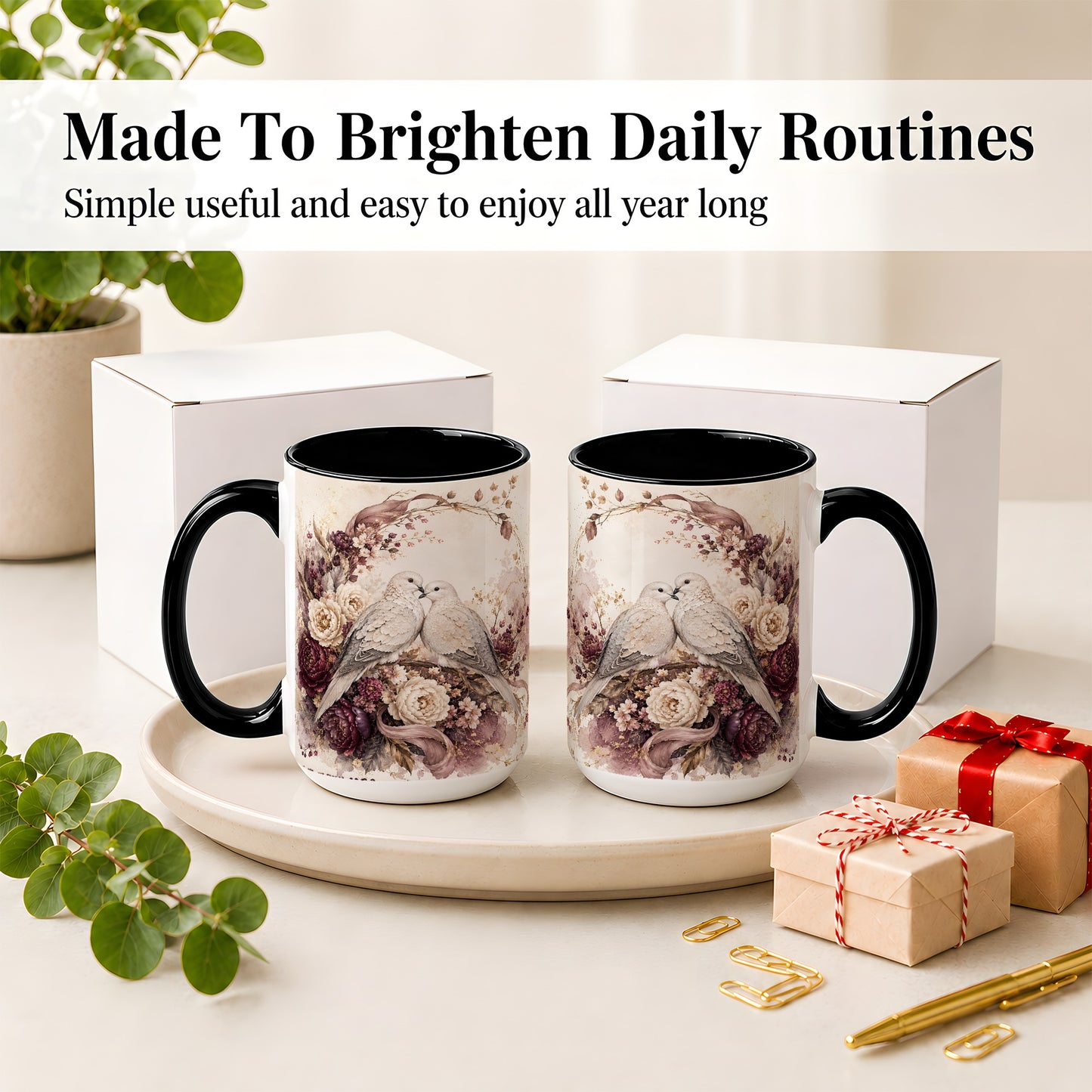 #pl[15oz|Black] Romantic Doves Ceramic Coffee Cup, Mug with Floral Wreath Artwork