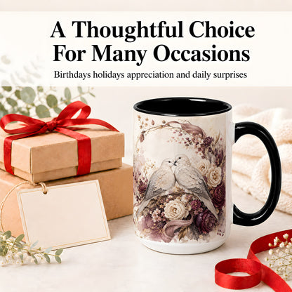 #pl[15oz|Black] Romantic Doves Ceramic Coffee Cup, Mug with Floral Wreath Artwork