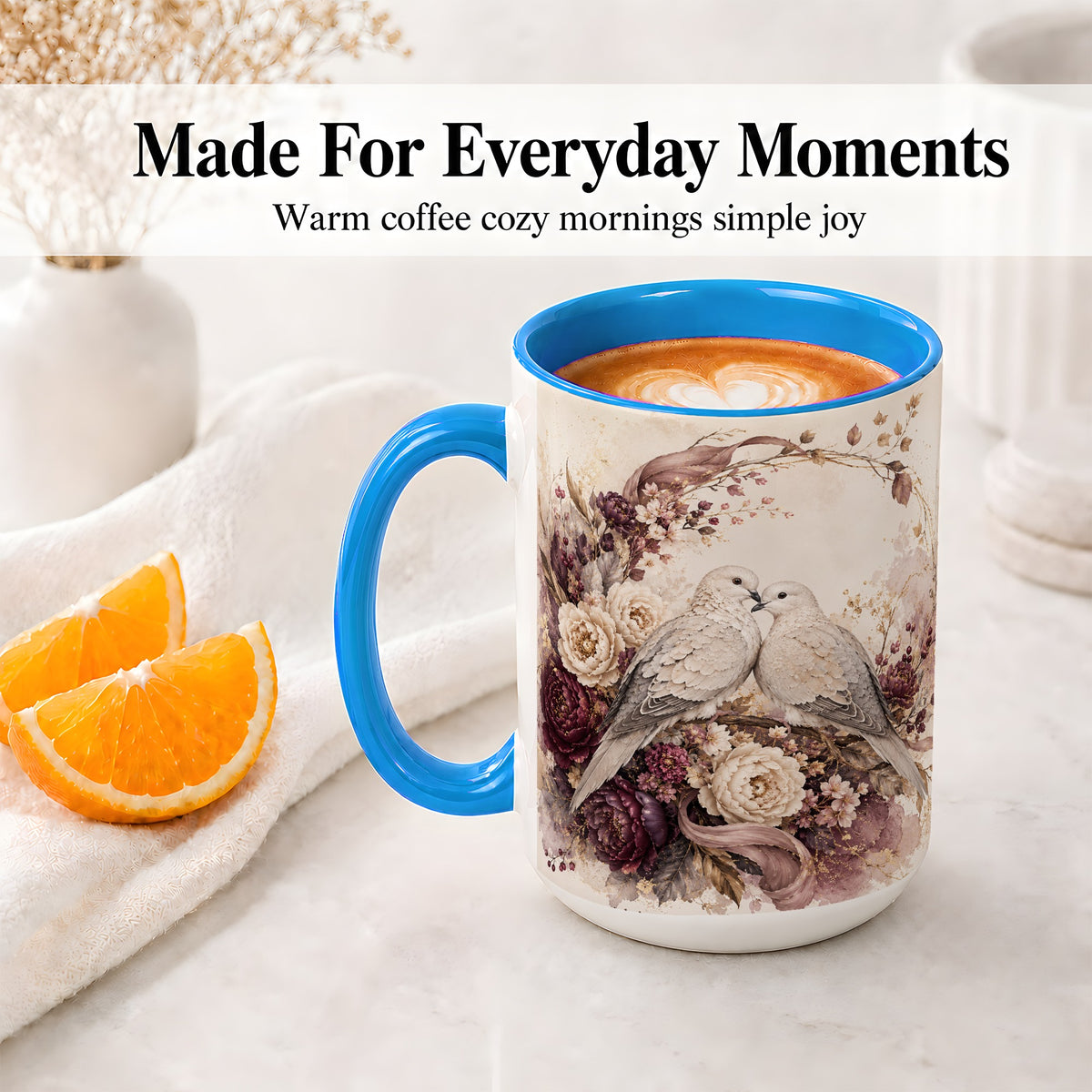 #pl[15oz|Blue] Romantic Doves Ceramic Coffee Cup, Mug with Floral Wreath Artwork