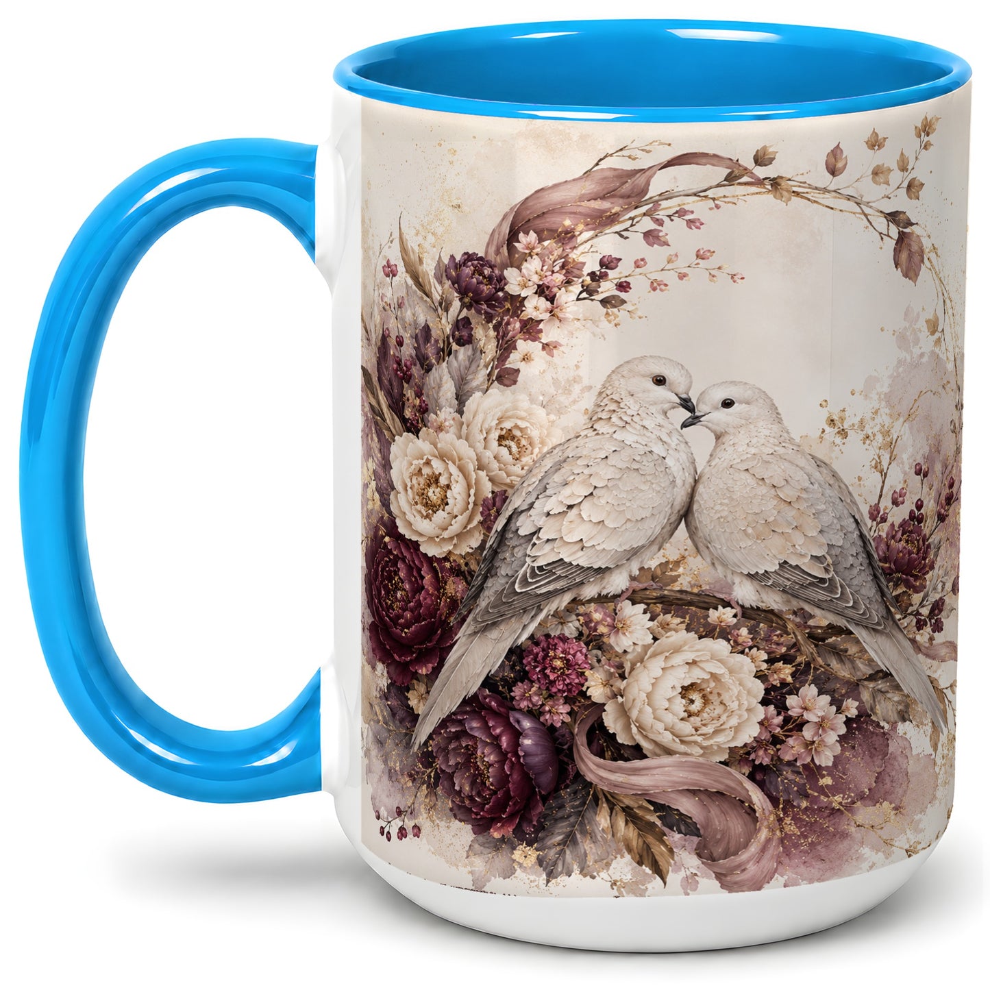 #pl[15oz|Blue] Romantic Doves Ceramic Coffee Cup, Mug with Floral Wreath Artwork