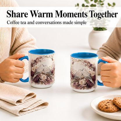 #pl[15oz|Blue] Romantic Doves Ceramic Coffee Cup, Mug with Floral Wreath Artwork