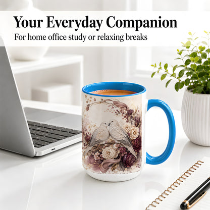 #pl[15oz|Blue] Romantic Doves Ceramic Coffee Cup, Mug with Floral Wreath Artwork